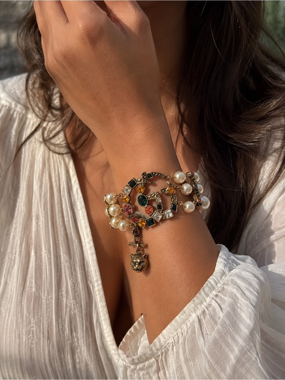 Gucci Gold-Tone Multi Gem & Pearl Bracelet with Cat Charm